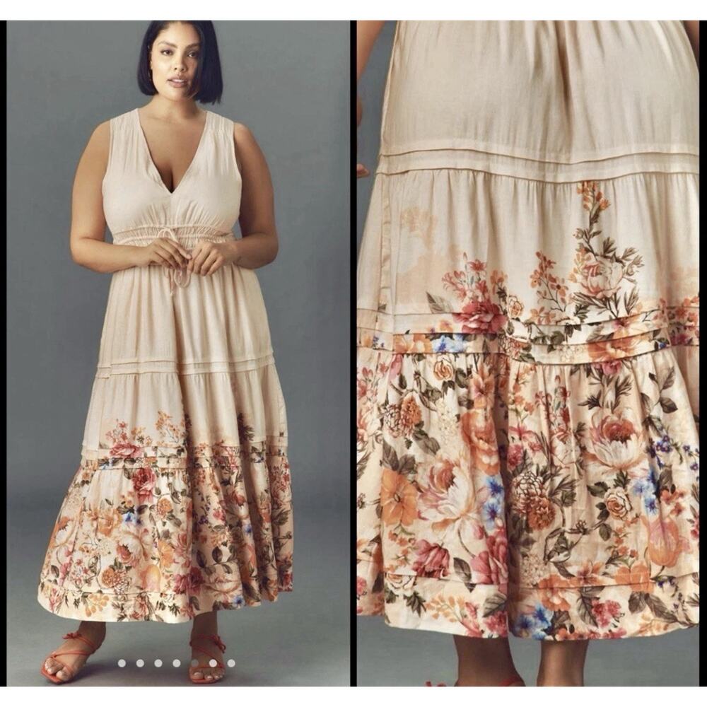 Anthropologie Beige Maxi Dress with Floral Hem